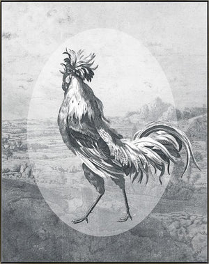 Fowl Play II, a print by Jackie Von Tobel, has a strutting rooster front and center in myriad shades of gray to look like an etching, a piece of wall art framed in silver.
