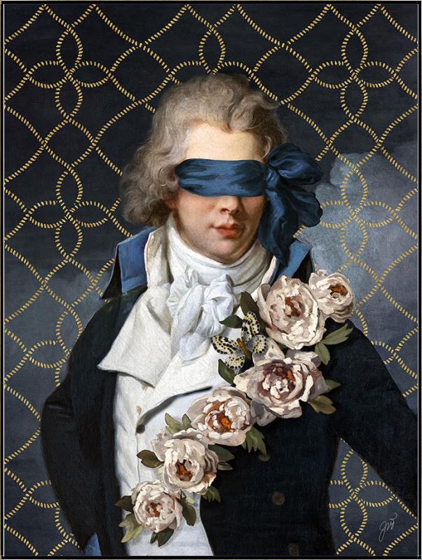 Secret Admirer by Jackie Von Tobel is a print of a gentleman whose vision is obscured by an artfully tied bow made of satin, the piece of wall art framed in gold.