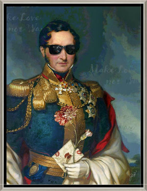 Make Love Not War is a print by Jackie Von Tobel featuring a decorated military man à la Emperor Napoleon holding a rose and a love letter, the piece of wall art framed in silver and black
