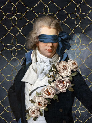 Secret Admirer by Jackie Von Tobel is a print of a gentleman whose vision is obscured by an artfully tied bow made of satin that was created for LeftBank Art where Jackie is a bestselling artist.