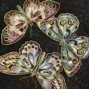 Papillon Noir II by Jackie Von Tobel has a dark black background and large-scaled butterflies in pale pink, purples, and yellows.
