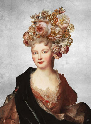 The Age of Innocence II by Jackie Von Tobel is a print of a left-facing young aristocrat with a floral headdress and luxurious gown.