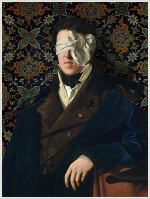 See No Evil by Jackie Von Tobel is a fine art gicl��e of a gentleman whose vision is obscured by an artfully tied bow made of satin, the piece of wall art framed in white.