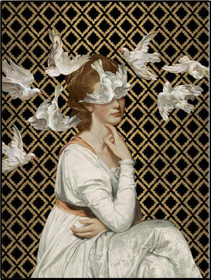 A flock of doves floats around a young woman in an ivory gown on a black and gold background in Jackie Von Tobel's fine art gicl��e Love is Blind I, the piece of wall art framed in silver.