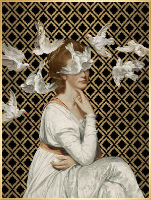 A flock of doves floats around a young woman in an ivory gown on a black and gold background in Jackie Von Tobel's fine art giclée Love is Blind I, the piece of wall art framed in gold.