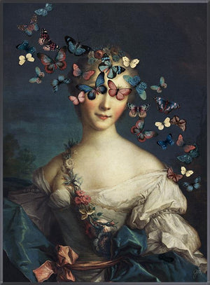 Madame Butterfly by Jackie Von Tobel is a fine art giclée of a young aristocrat whose vision is obscured by a kaleidoscope of butterflies, the piece of wall art framed in black.