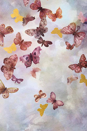 In Flight V is a print by Jackie Von Tobel with a pale pink background fluttering with a kaleidoscope of dark pink and gold butterflies.