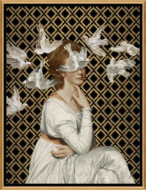 A flock of doves floats around a young woman in an ivory gown on a black and gold background in Jackie Von Tobel's fine art giclée Love is Blind I, the piece of wall art framed in gold.