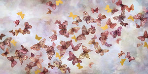 In Flight VI is a print by Jackie Von Tobel with a pale pink background fluttering with a kaleidoscope of dark pink and gold butterflies.
