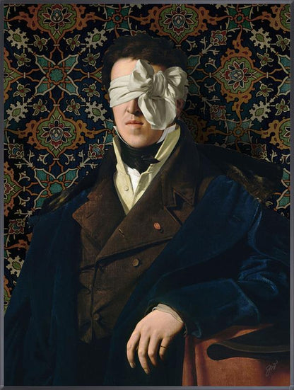 See No Evil by Jackie Von Tobel is a fine art gicl��e of a gentleman whose vision is obscured by an artfully tied bow made of satin, the piece of wall art framed in black.