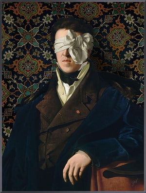 See No Evil by Jackie Von Tobel is a fine art giclée of a gentleman whose vision is obscured by an artfully tied bow made of satin, the piece of wall art framed in black.