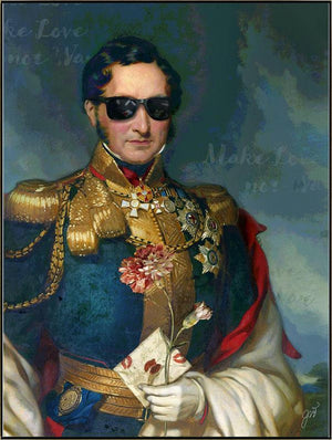 Make Love Not War is a print by Jackie Von Tobel featuring a decorated military man à la Emperor Napoleon holding a rose and a love letter, which was created for LeftBank Art where Jackie is a bestselling artist