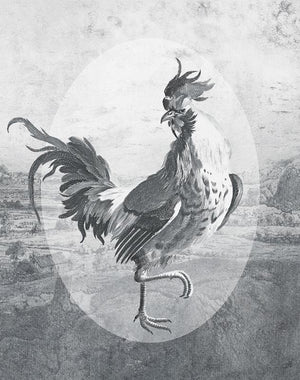 Fowl Play I, a print by Jackie Von Tobel, has a strutting rooster front and center in myriad shades of gray to look like an etching.