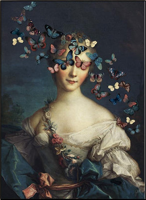 Madame Butterfly by Jackie Von Tobel is a fine art giclée of a young aristocrat whose vision is obscured by a kaleidoscope of butterflies, the piece of wall art framed in black and silver.