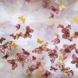 In Flight II is a print by Jackie Von Tobel with a pale pink background fluttering with a kaleidoscope of dark pink and gold butterflies.