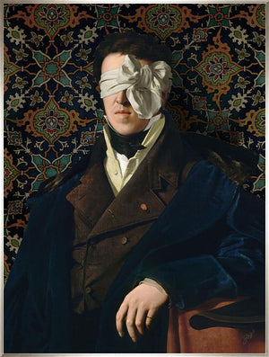 See No Evil by Jackie Von Tobel is a fine art giclée of a gentleman whose vision is obscured by an artfully tied bow made of satin, the piece of wall art framed in silver.