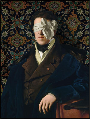 See No Evil by Jackie Von Tobel is a fine art giclée of a gentleman whose vision is obscured by an artfully tied bow made of satin, the piece of wall art framed in silver.