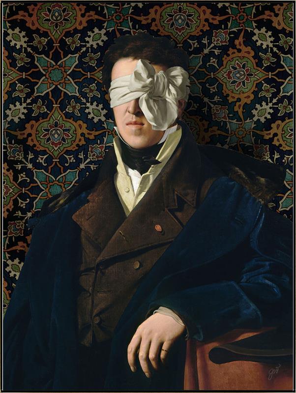 See No Evil by Jackie Von Tobel is a fine art gicl��e of a gentleman whose vision is obscured by an artfully tied bow made of satin, the piece of wall art framed in gold.