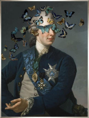 Blinded by the Flight by Jackie Von Tobel is a fine art gicl��e of a gentleman whose vision is obscured by a kaleidoscope of butterflies.