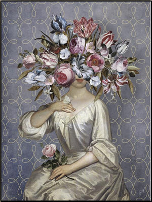 Beautiful Dreamer Silver by Jackie von Tobel is a print of a woman who is blinded by an explosion of flowers shaped like a headdress, the piece of wall art framed in silver