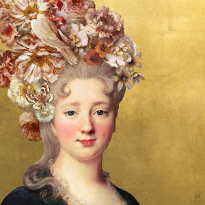 The Age of Innocence IIII by Jackie Von Tobel is a print of a young aristocrat with a floral headdress on a luminous gold background.