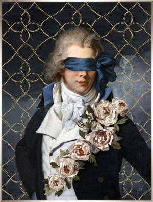 Secret Admirer by Jackie Von Tobel is a print of a gentleman whose vision is obscured by an artfully tied bow made of satin that was created for LeftBank Art where Jackie is a bestselling artist.