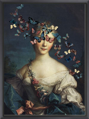 Madame Butterfly by Jackie Von Tobel is a fine art gicl��e of a young aristocrat whose vision is obscured by a kaleidoscope of butterflies, the piece of wall art framed in black.