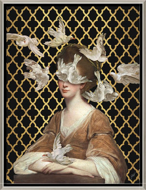 A flock of doves floats around a young woman in a terracotta-colored gown on a black and gold background in Jackie Von Tobel's print Love is Blind II, the piece of wall art framed in silver and black.