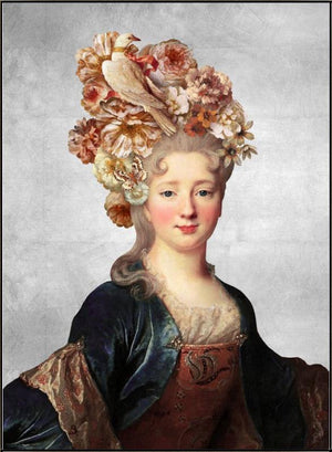 The Age of Innocence I by Jackie Von Tobel is a print of a right-facing young aristocrat with a floral headdress and luxurious gown that was created for LeftBank Art where Jackie is a bestselling artist.