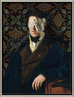 See No Evil by Jackie Von Tobel is a fine art gicl��e of a gentleman whose vision is obscured by an artfully tied bow made of satin, the piece of wall art framed in silver.