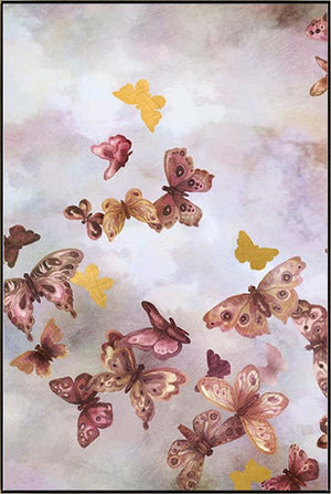In Flight III is a print by Jackie Von Tobel with a pale pink background fluttering with a kaleidoscope of dark pink and gold butterflies that was created for LeftBank Art where Jackie is a bestselling artist.