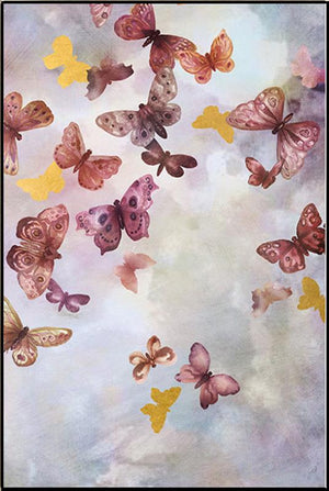In Flight V is a print by Jackie Von Tobel with a pale pink background fluttering with a kaleidoscope of dark pink and gold butterflies that was created for LeftBank Art where Jackie is a bestselling artist.