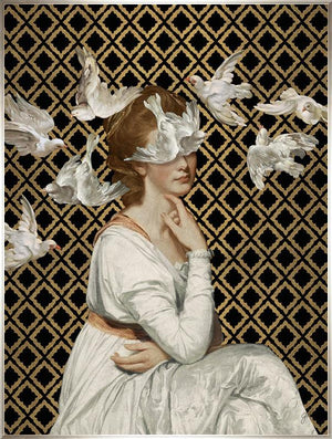 A flock of doves floats around a young woman in an ivory gown on a black and gold background in Jackie Von Tobel's fine art giclée Love is Blind I, the piece of wall art framed in silver.