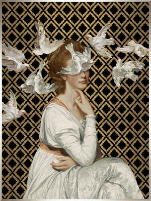 A flock of doves floats around a young woman in an ivory gown on a black and gold background in Jackie Von Tobel's fine art giclée Love is Blind I, the piece of wall art framed in silver.