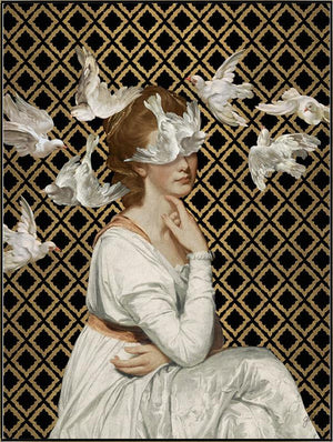 A flock of doves floats around a young woman in an ivory gown on a black and gold background in Jackie Von Tobel's fine art gicl��e Love is Blind I, the piece of wall art framed in gold.