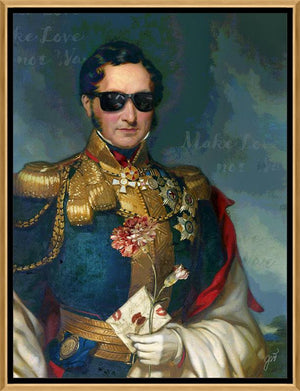 Make Love Not War is a print by Jackie Von Tobel featuring a decorated military man �� la Emperor Napoleon holding a rose and a love letter, the piece of wall art framed in gold and black