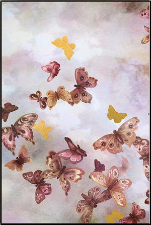 In Flight III is a print by Jackie Von Tobel with a pale pink background fluttering with a kaleidoscope of dark pink and gold butterflies that was created for LeftBank Art where Jackie is a bestselling artist.