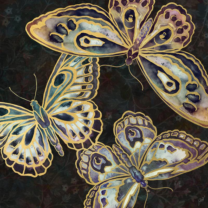 Papillon Noir I by Jackie Von Tobel has a dark black background and large-scaled butterflies in pale pink, purples, and yellows.