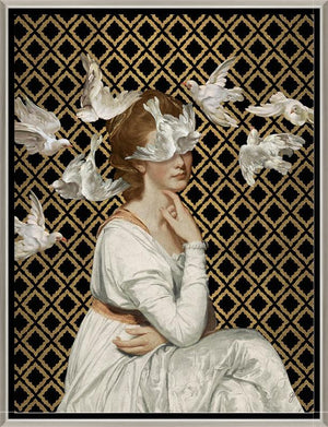 A flock of doves floats around a young woman in an ivory gown on a black and gold background in Jackie Von Tobel's fine art gicl��e Love is Blind I, the piece of wall art framed in silver.