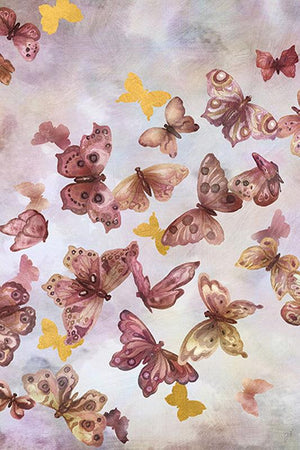 In Flight IV is a print by Jackie Von Tobel with a pale pink background fluttering with a kaleidoscope of dark pink and gold butterflies.